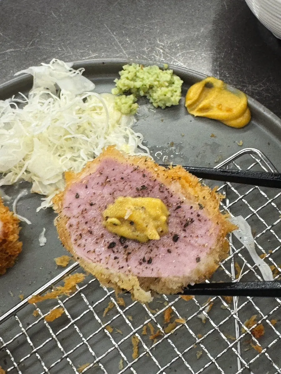 Salt, wasabi, and tonkatsu sauce accompaniments