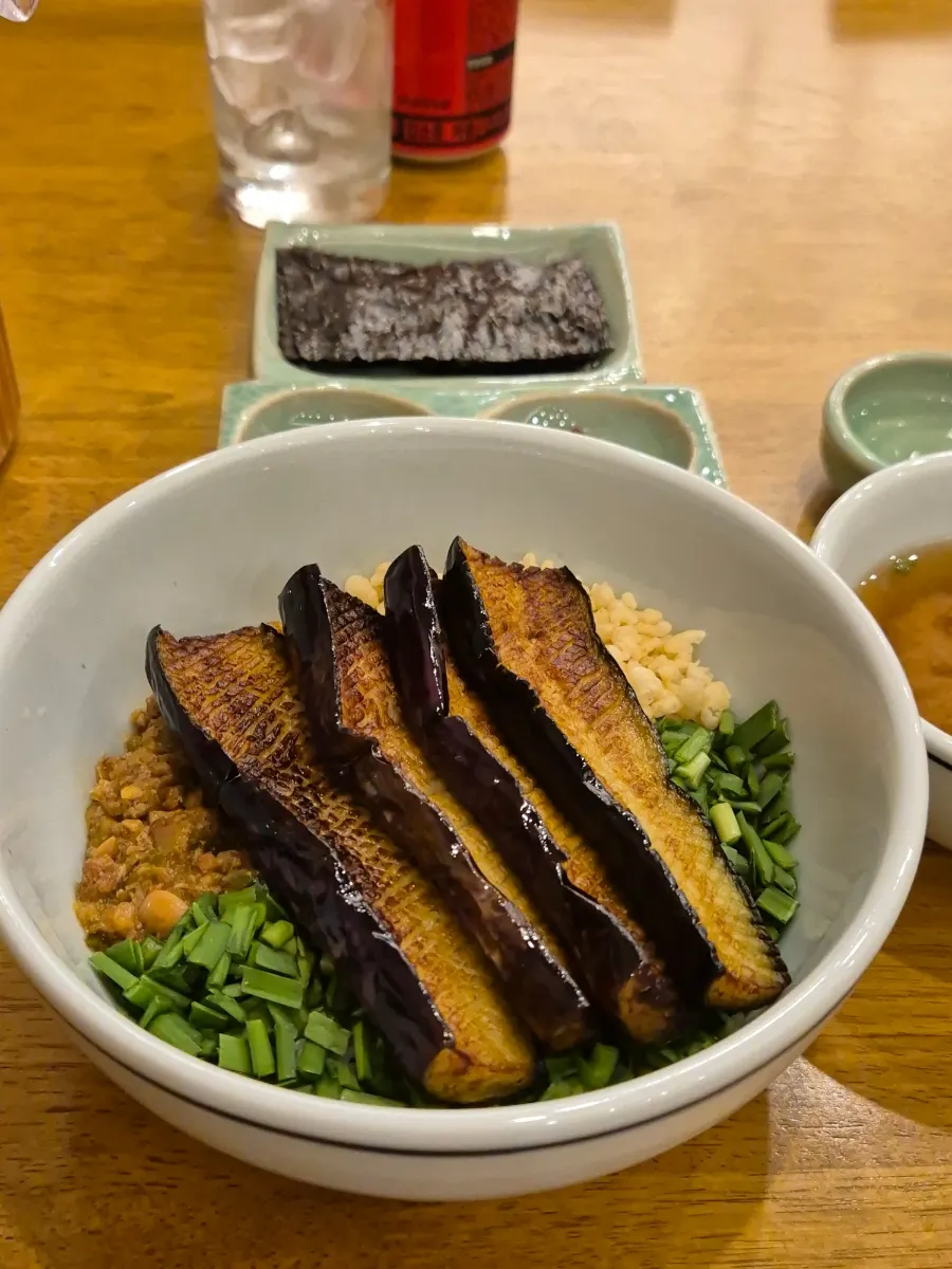 Rice bowl with eggplant, doenjang, and scallion toppings