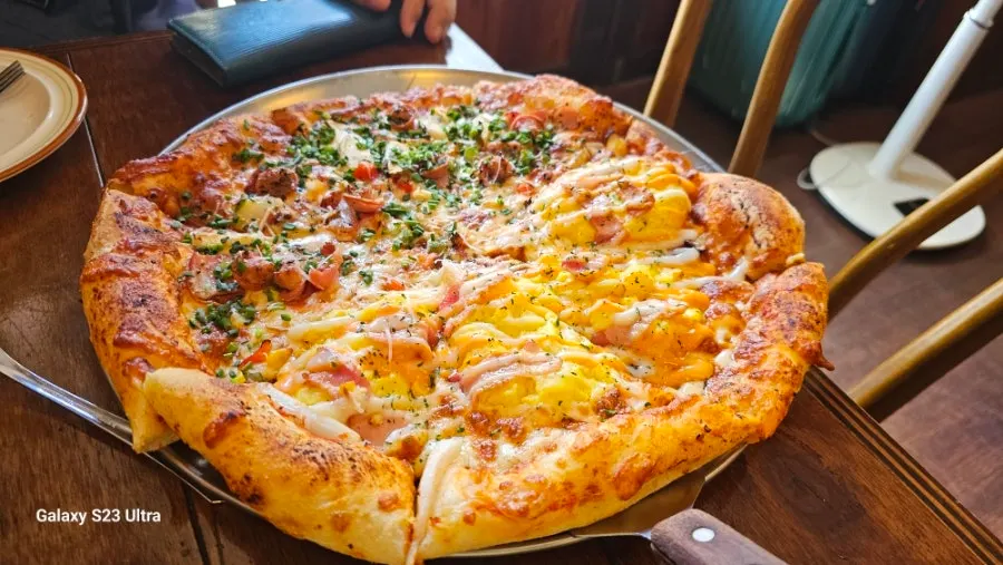 Half-eaten half-and-half pizza with side dish