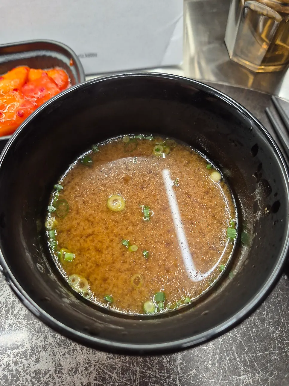 Miso soup, rice, and kkakdugi served first