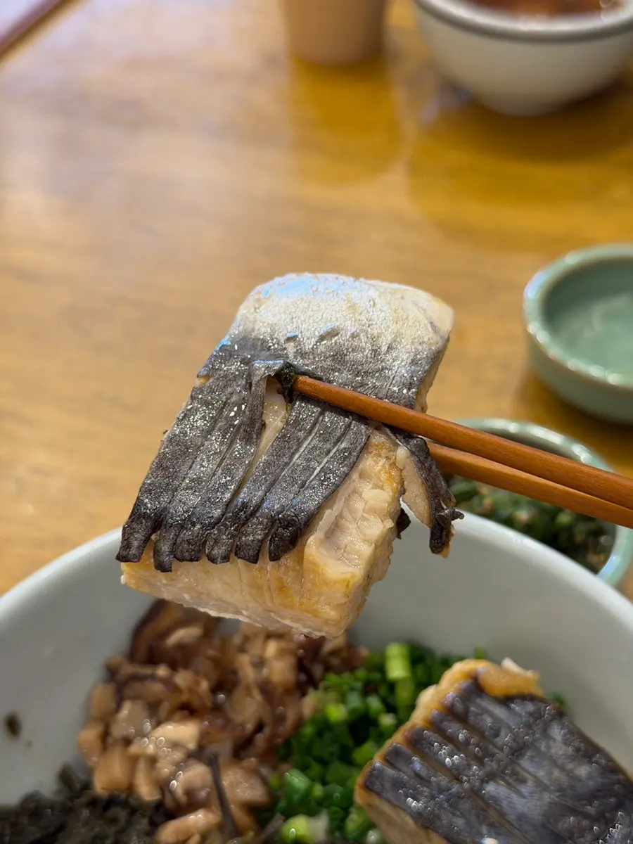 Two thick pieces of mackerel on top of thistle rice