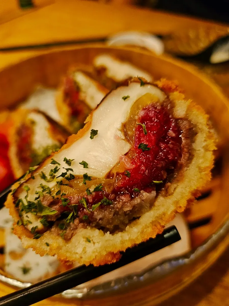 Shiitake mushroom fritters stuffed with hanwoo yukhoe