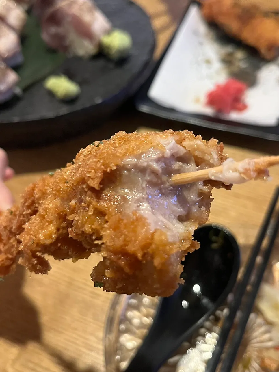 Cross-section of the crispy fried chicken thigh