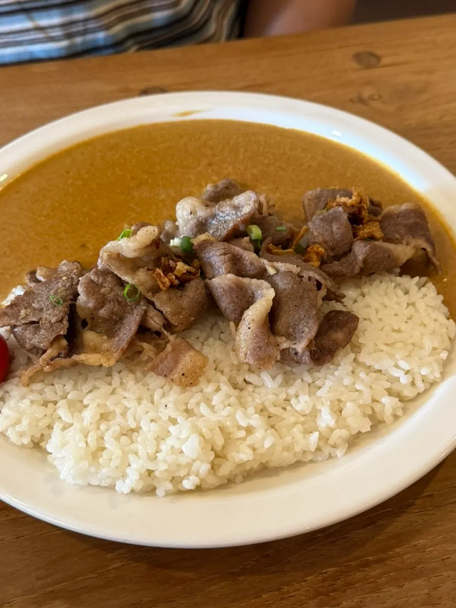 Close-up of brisket cream curry topped with brisket