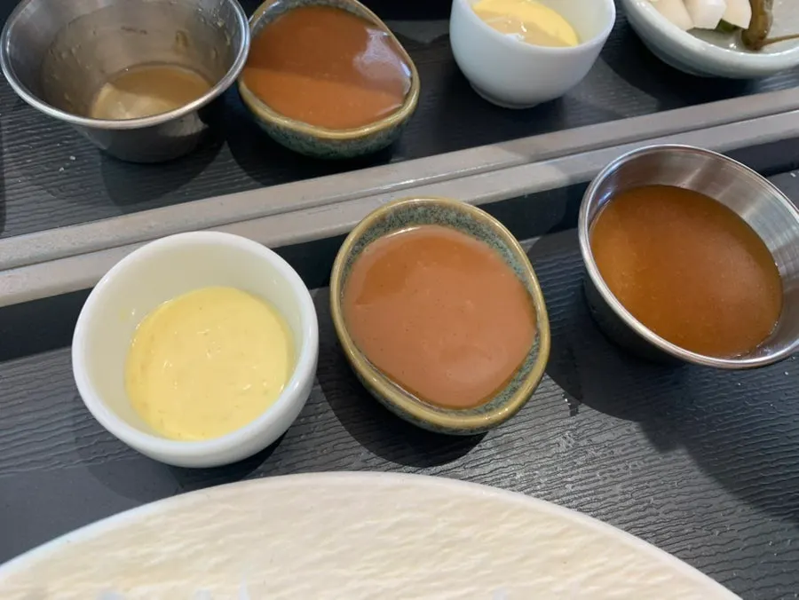 Three sauces: shrimp sauce, tonkatsu sauce, and salad sauce