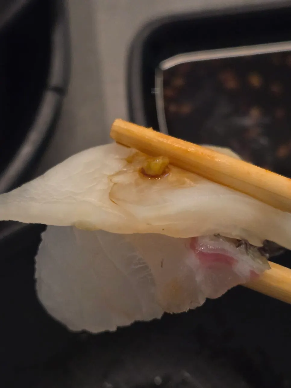 White kimchi plate with wasabi and soy sauce