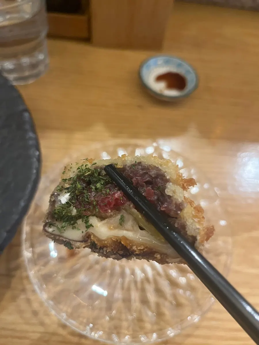 Soy sauce and beef tartare shiitake mushroom tempura