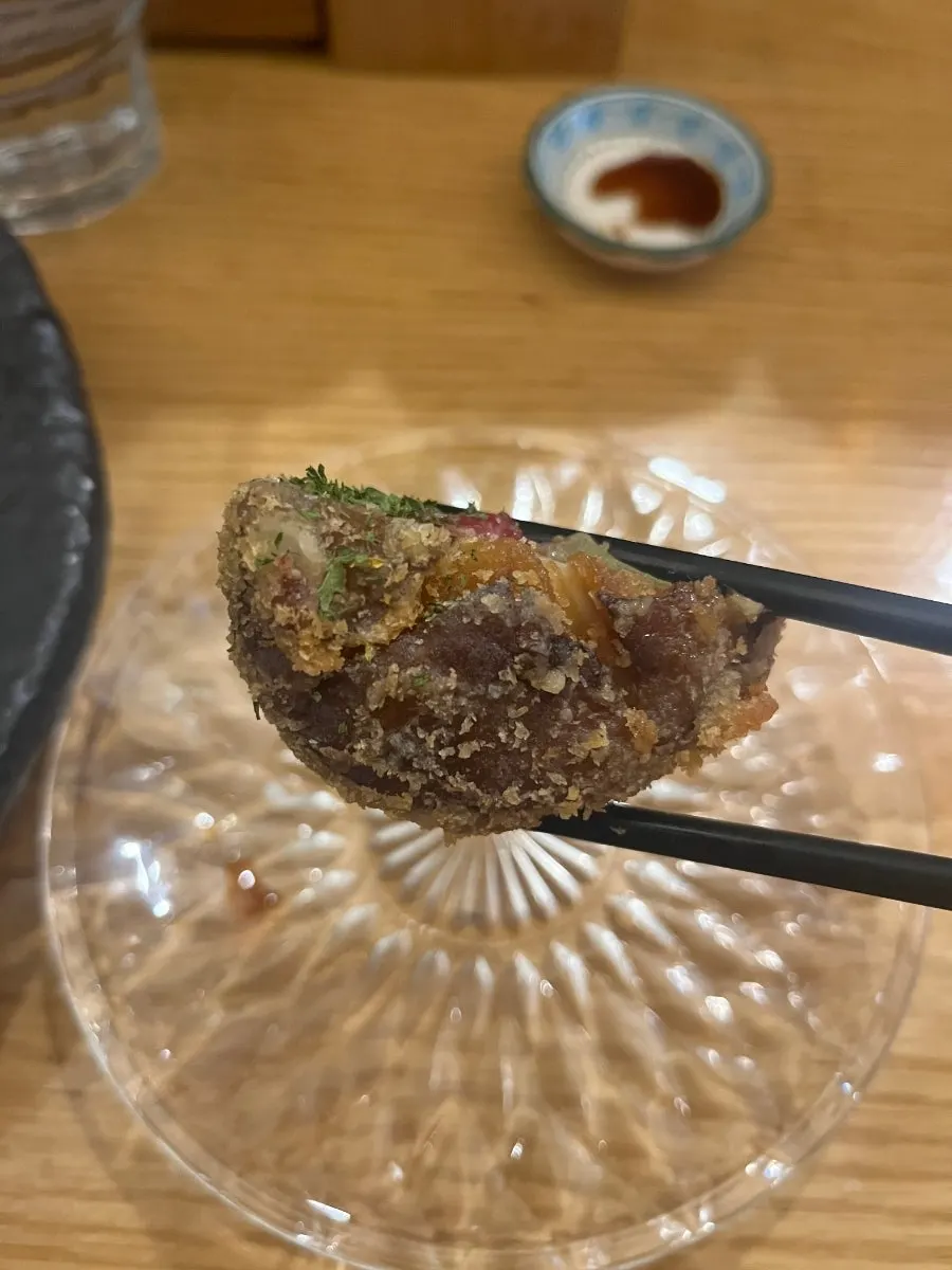 Crispy beef tartare shiitake mushroom tempura
