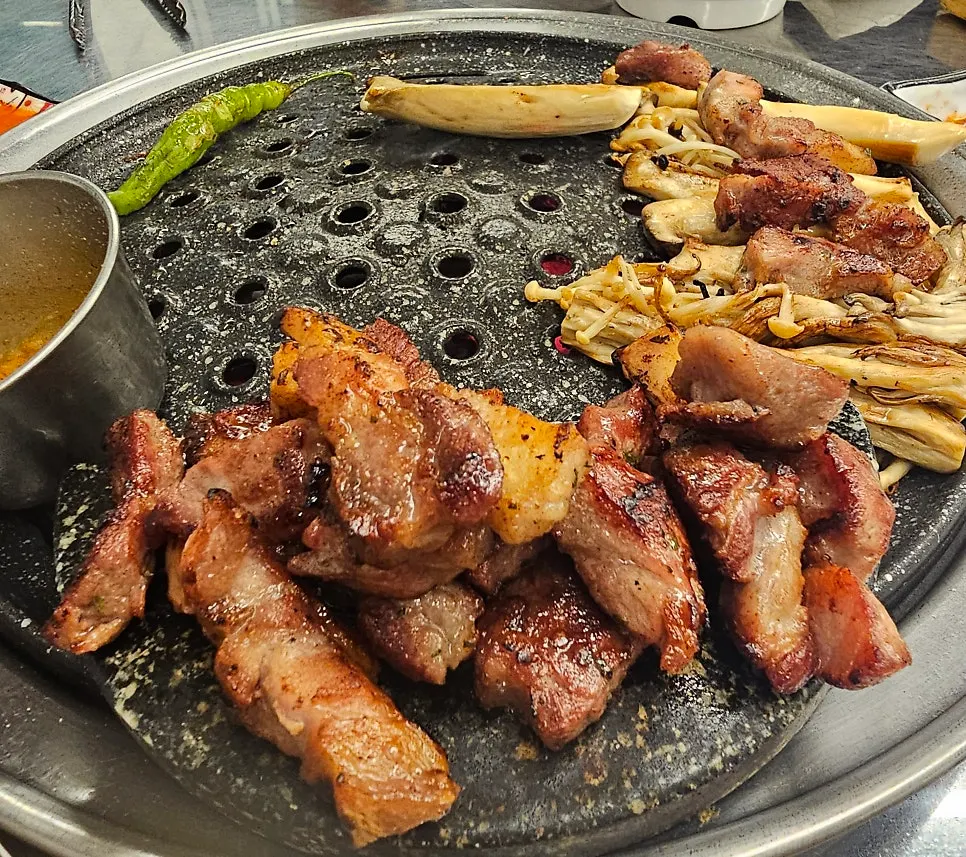 Grill pan with mushrooms and rare cuts