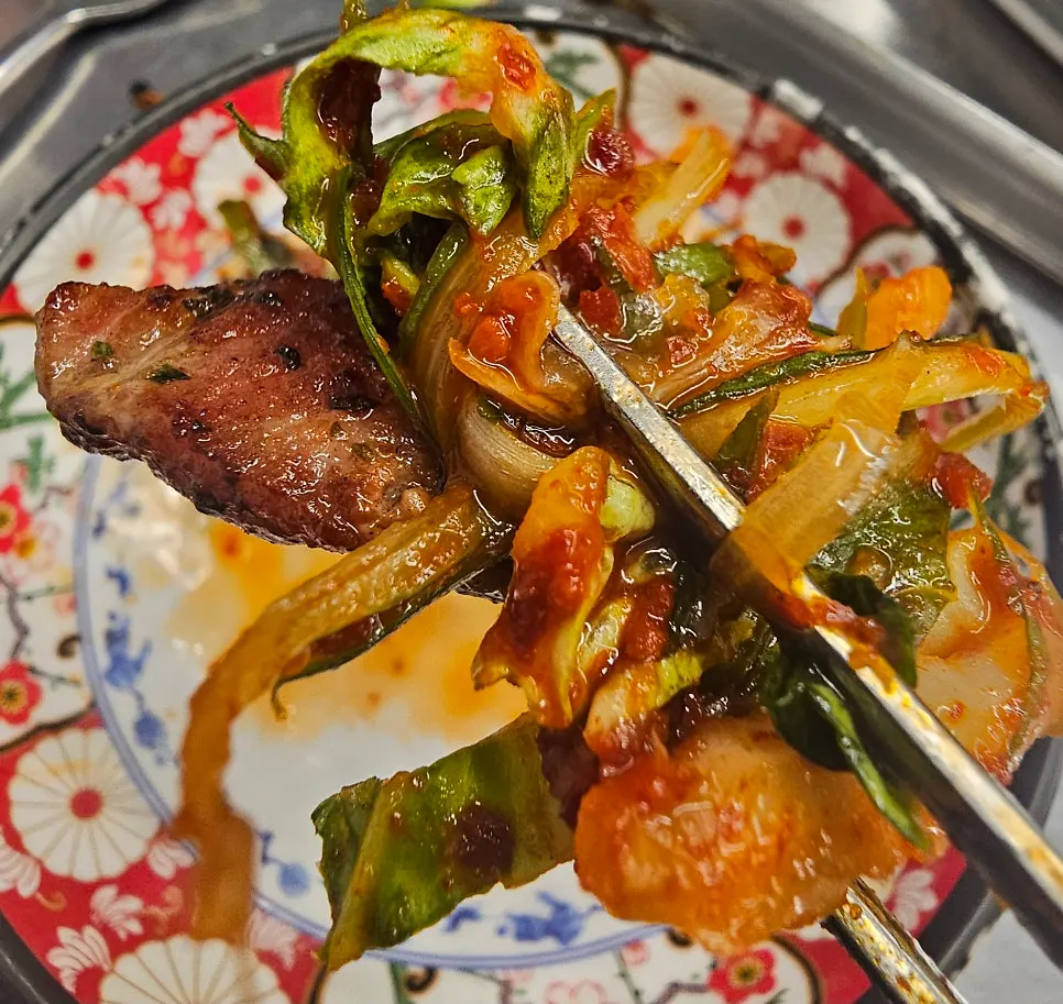 A piece of rare cut dipped in sauce