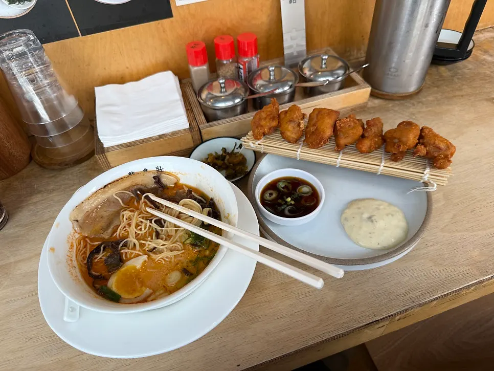 A generous solo spread of ramen and karaage
