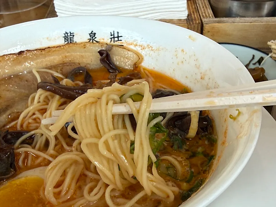 Noodles lifted from the spicy broth
