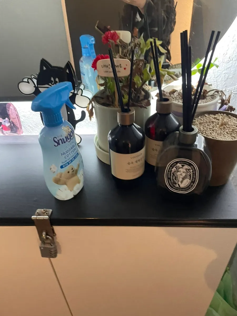 Fragrance items set up in front of the restroom