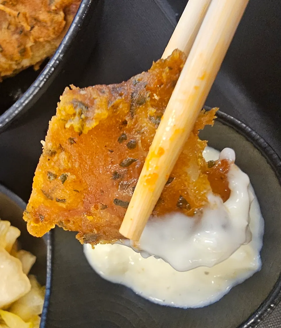 Fried squid and sweet potato with wrap vegetables