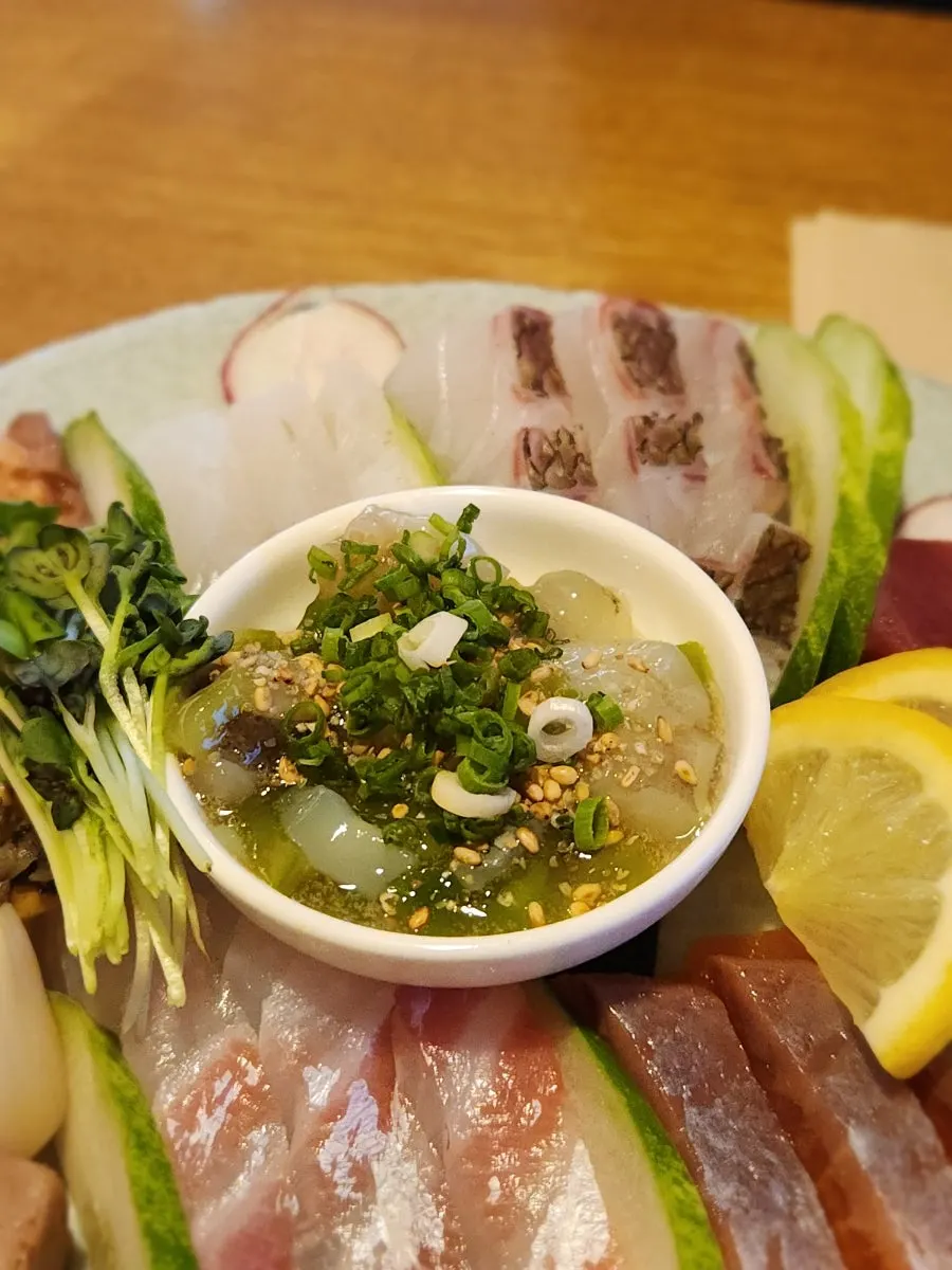 Flounder, sea bream, salmon, tuna, and abalone sashimi