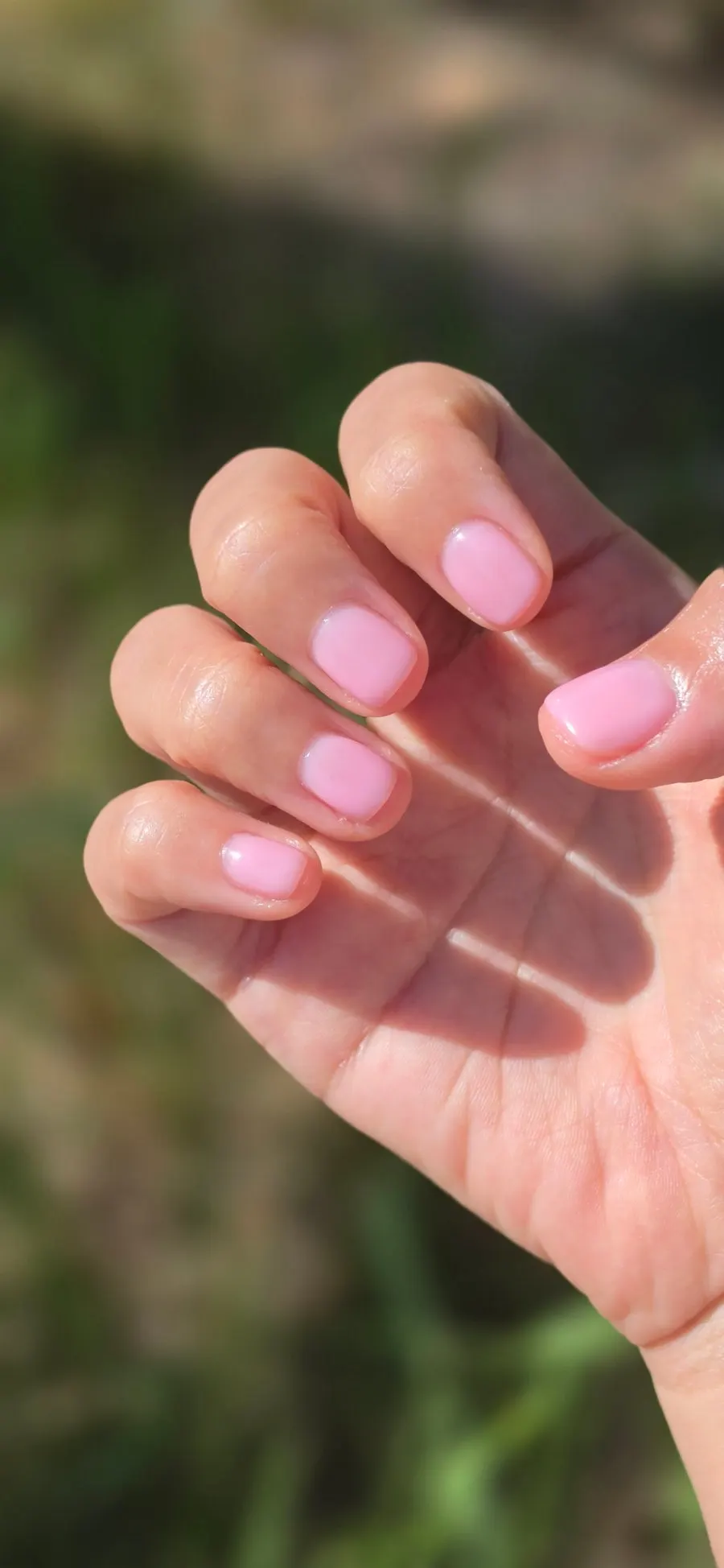 Nudie pink one-color nails photographed in natural light