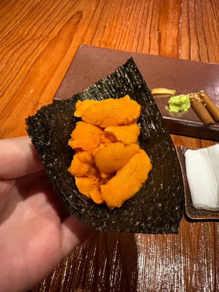 Sweet shrimp sushi piled with sea urchin uni