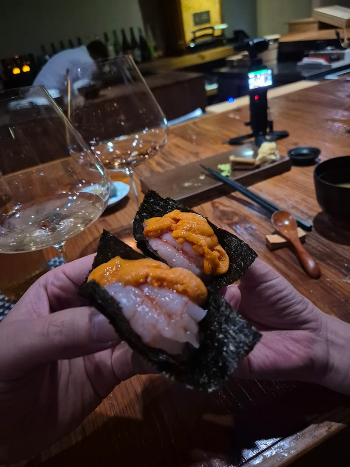 A large shrimp sushi piece