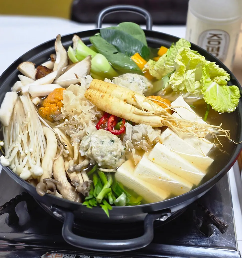 Hand-tofu hot pot for two topped with a whole ginseng root