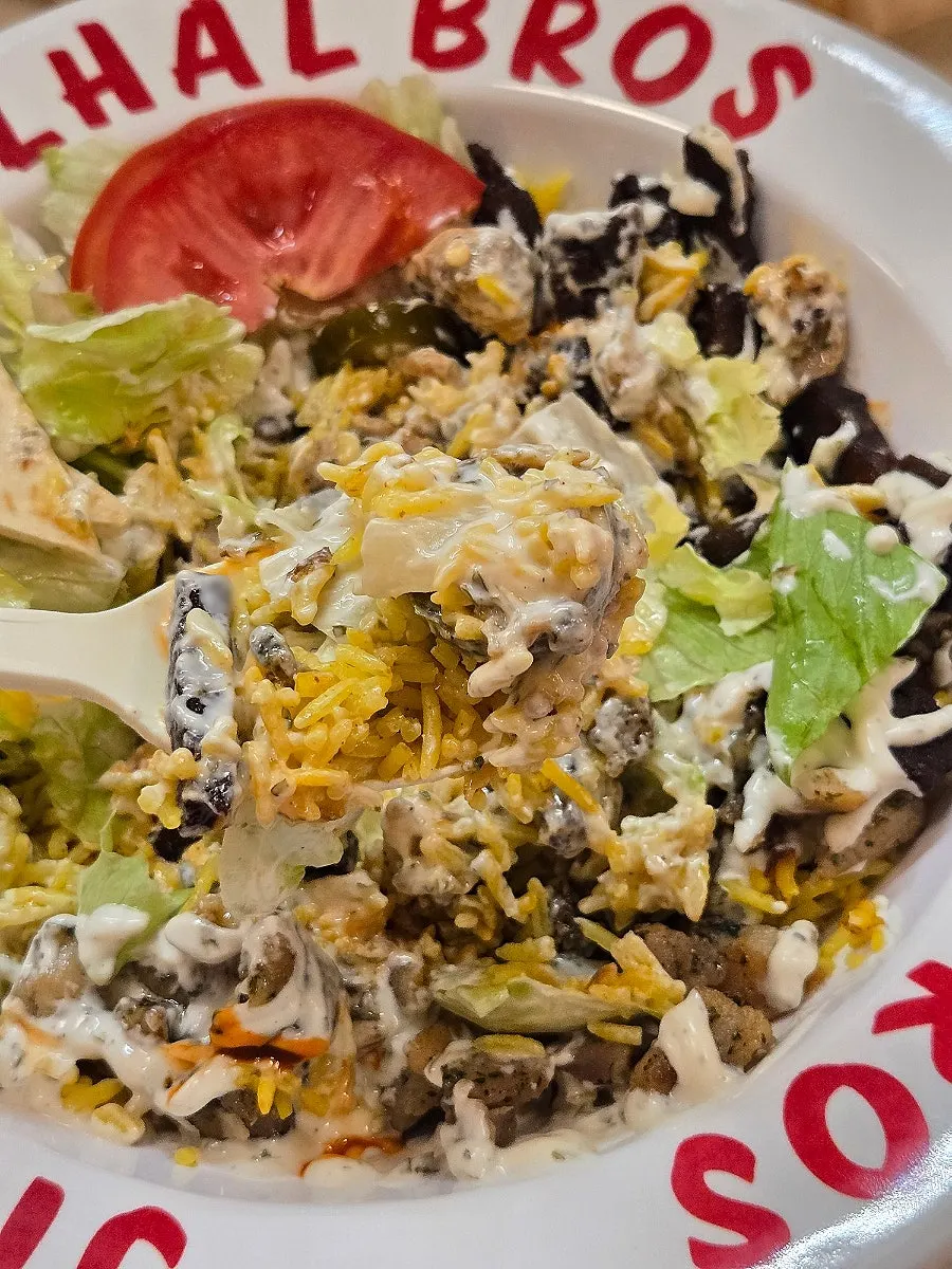 Close-up of combo rice with sauce