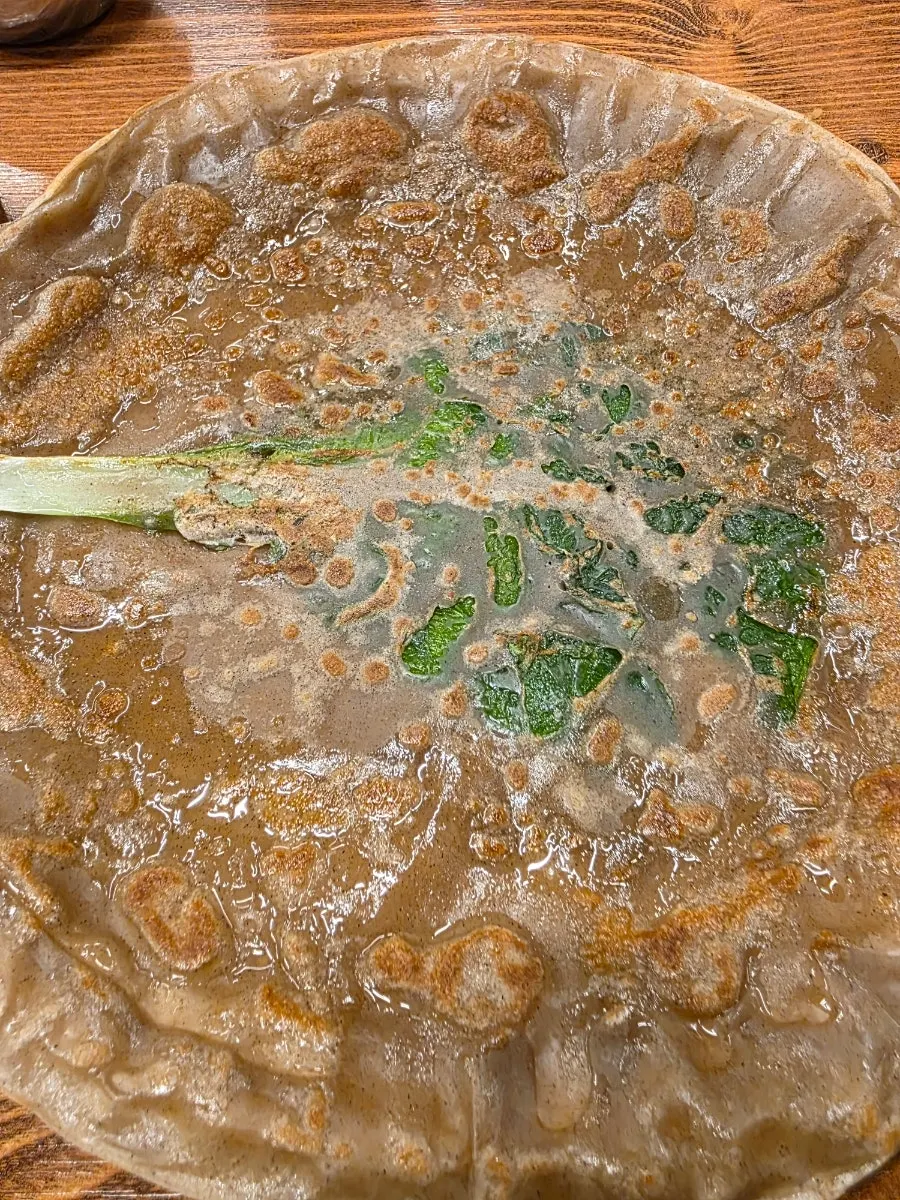 A thinly fried Bongpyeong buckwheat pancake