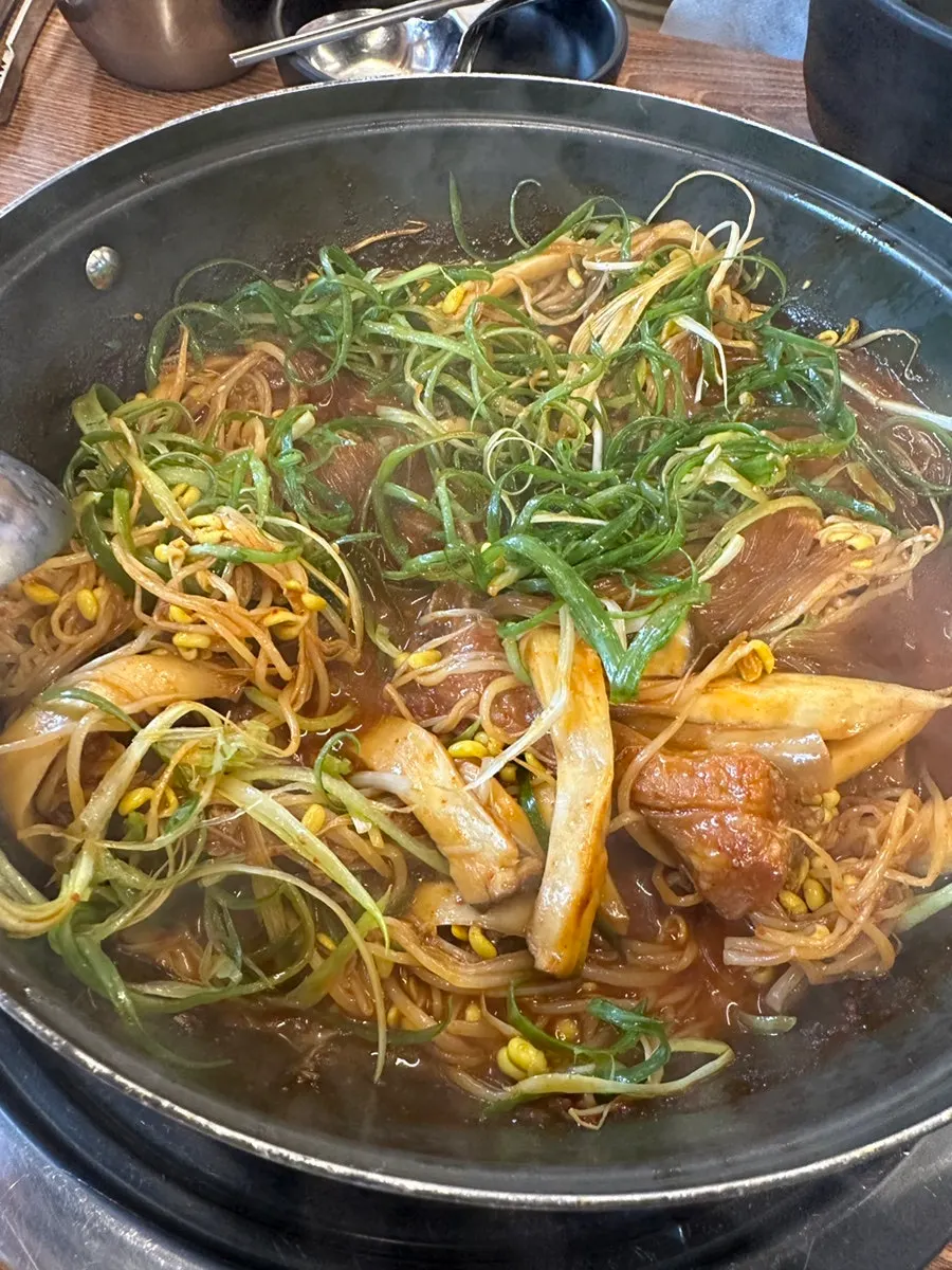 Close-up of the generous portion of spicy braised pork ribs