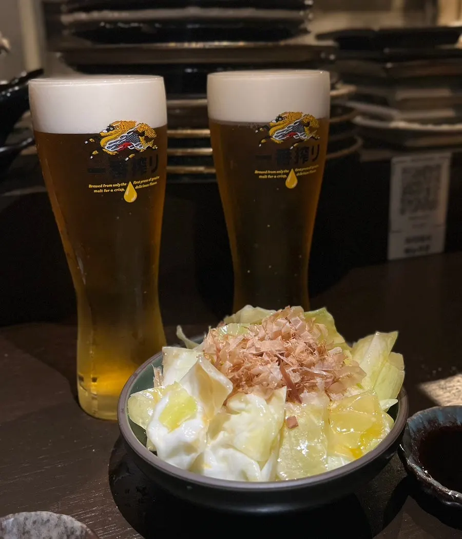 Close-up of the salty-sauced Japanese-style cabbage salad