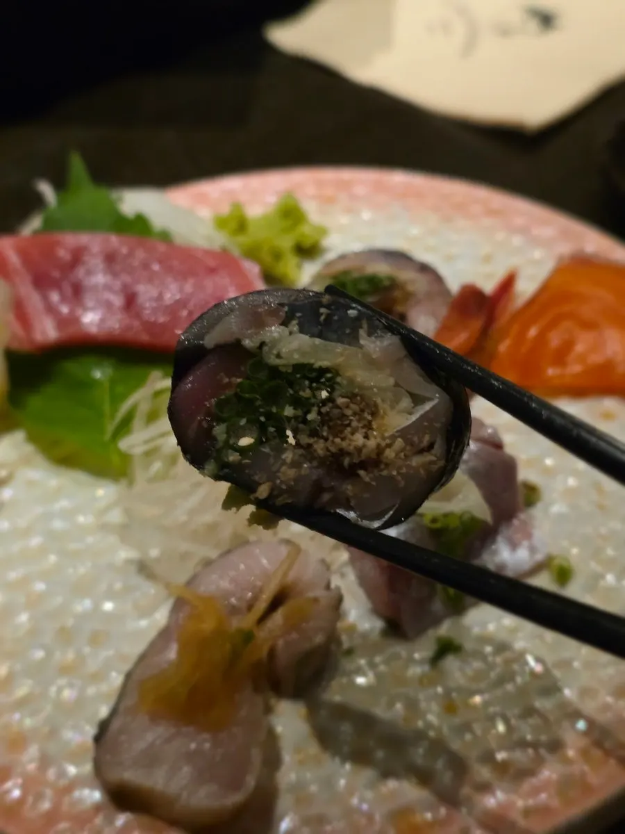 Mackerel, herring, and isobe-maki sashimi