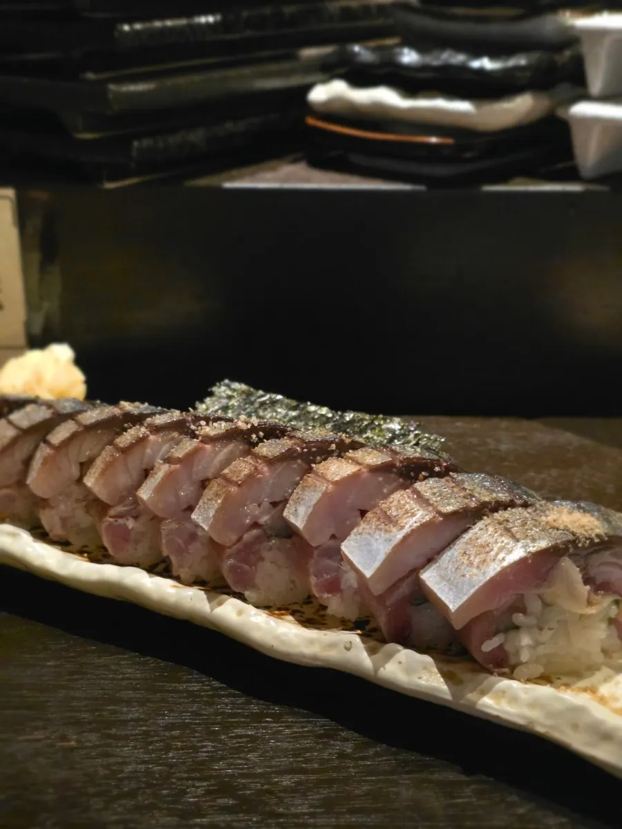 Cross-section of thick mackerel pressed sushi