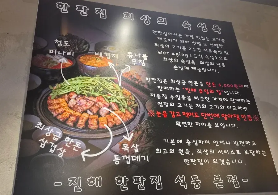 ป้ายแนะนำเนื้อหมูฮันดงหมักของร้าน