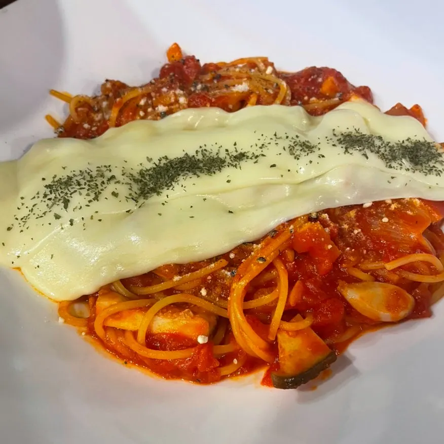 Close-up of pasta with rich tomato sauce