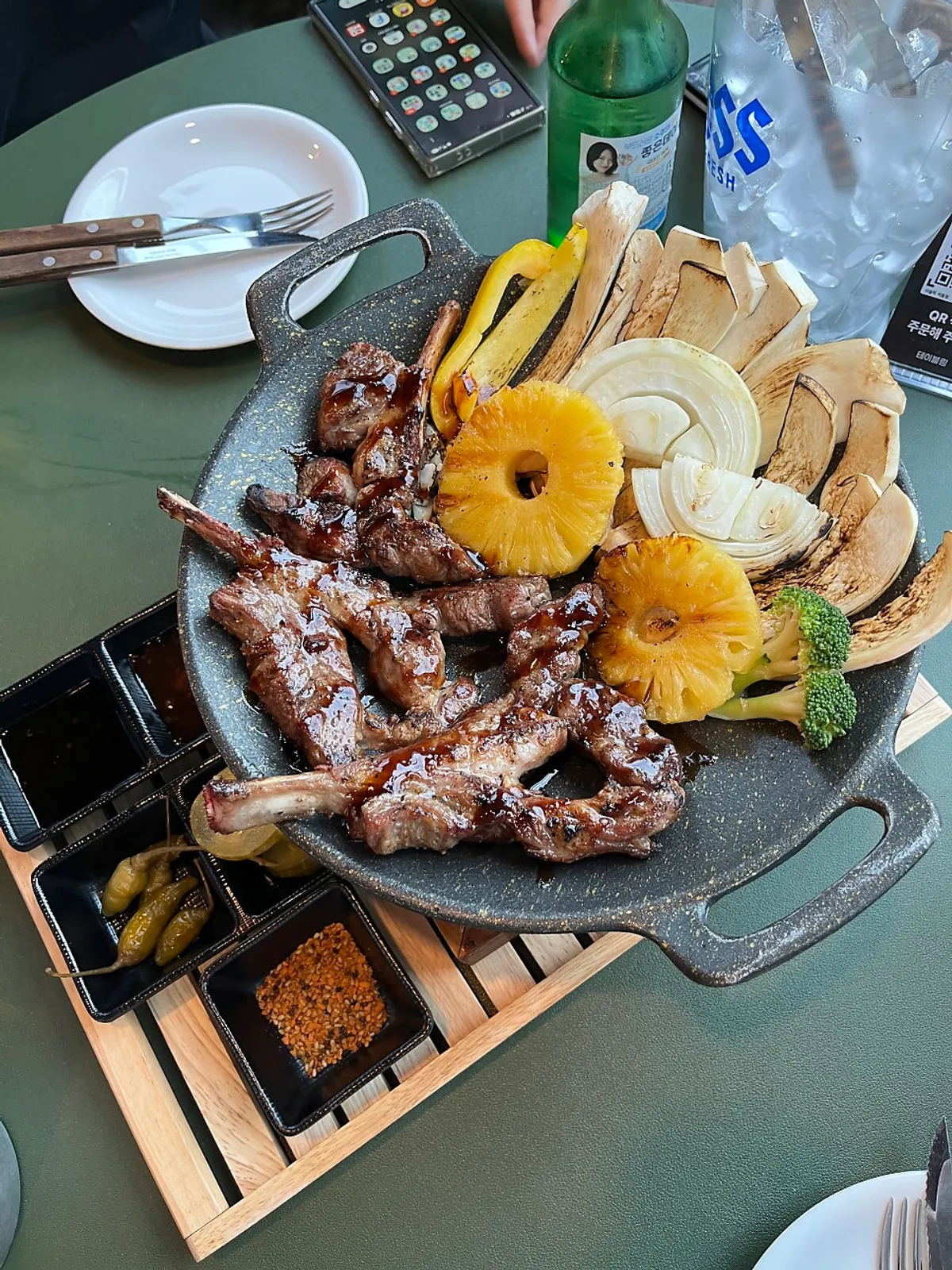 Close-up of bone-in lamb shoulder rack shashlik