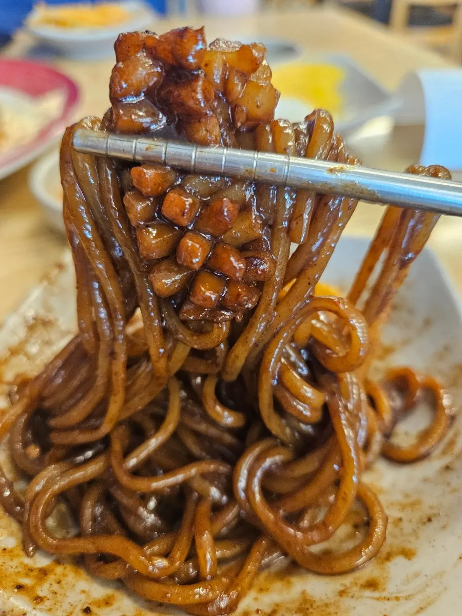 Mixed ttukbaegi ganjjajang noodles