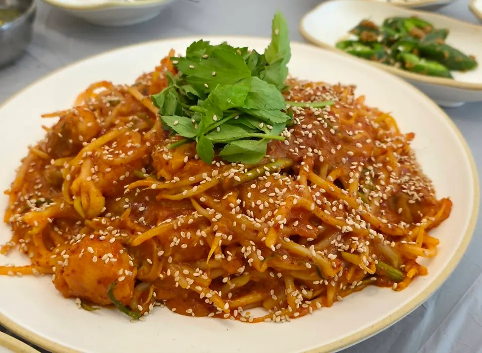 A full spread of boneless monkfish stew at Jjimgoeul Gajwa Branch