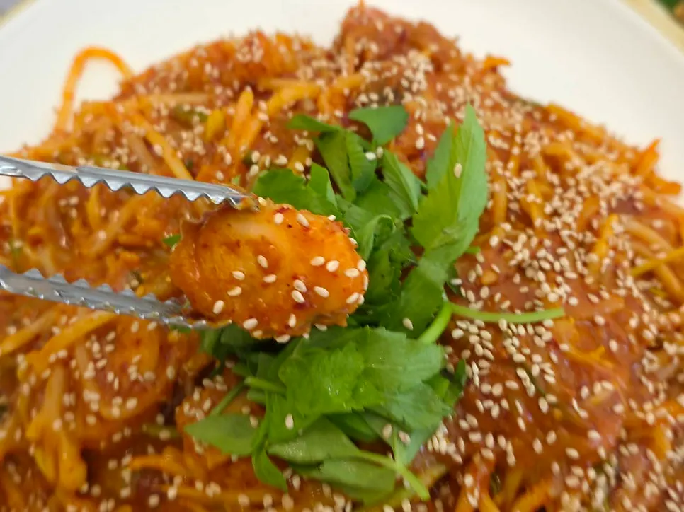 Close-up of the spicy sauce on the boneless monkfish stew