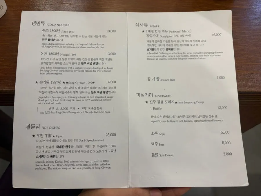 Menu board at Song Giwon Jinju Naengmyeon Main Branch