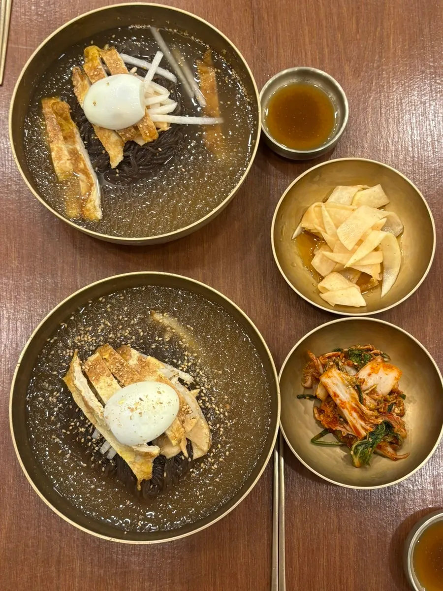 Mul-naengmyeon topped with yukjeon
