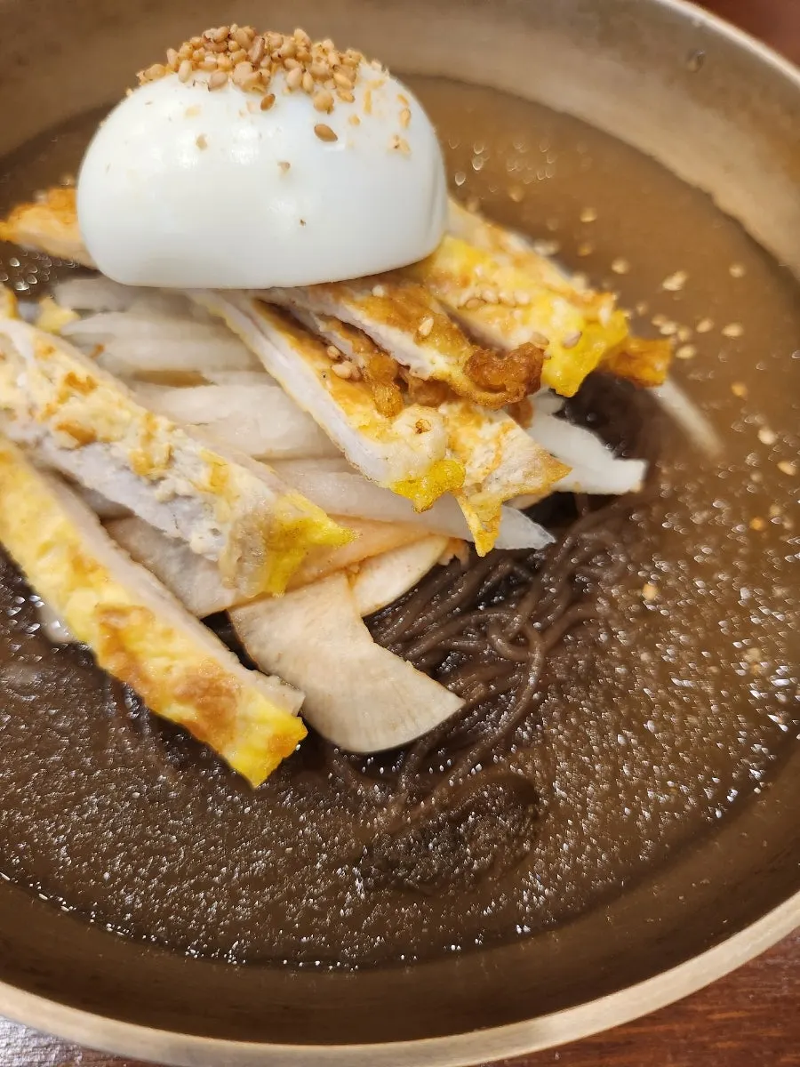 Jinju water naengmyeon topped with yukjeon