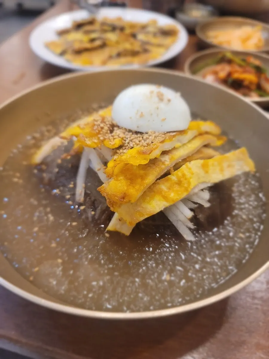 Bowl of mul-naengmyeon with floating ice crystals