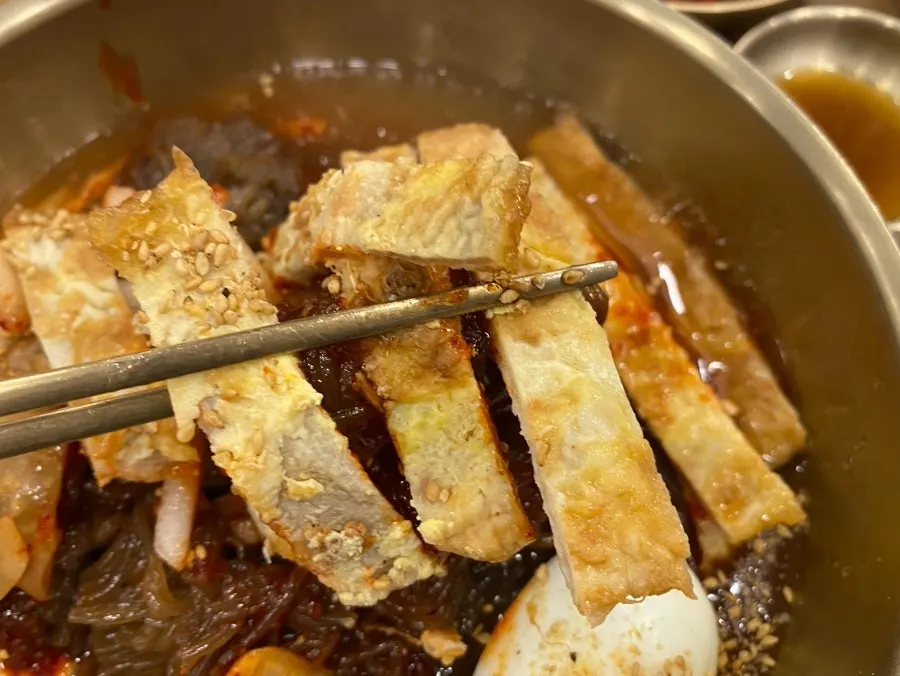 Yukjeon topping on top of the naengmyeon