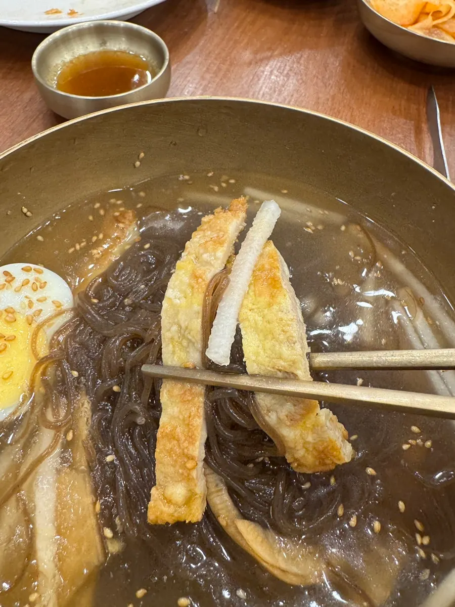 Lifting up a strand of water naengmyeon noodles