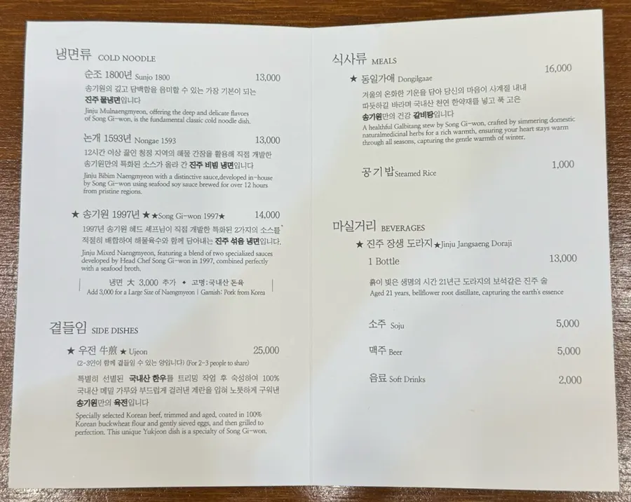 Menu board at Song Giwon Jinju Naengmyeon