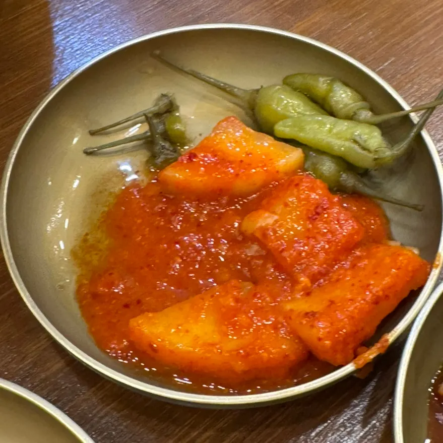 Kkakdugi and jalapeños from the self-serve bar