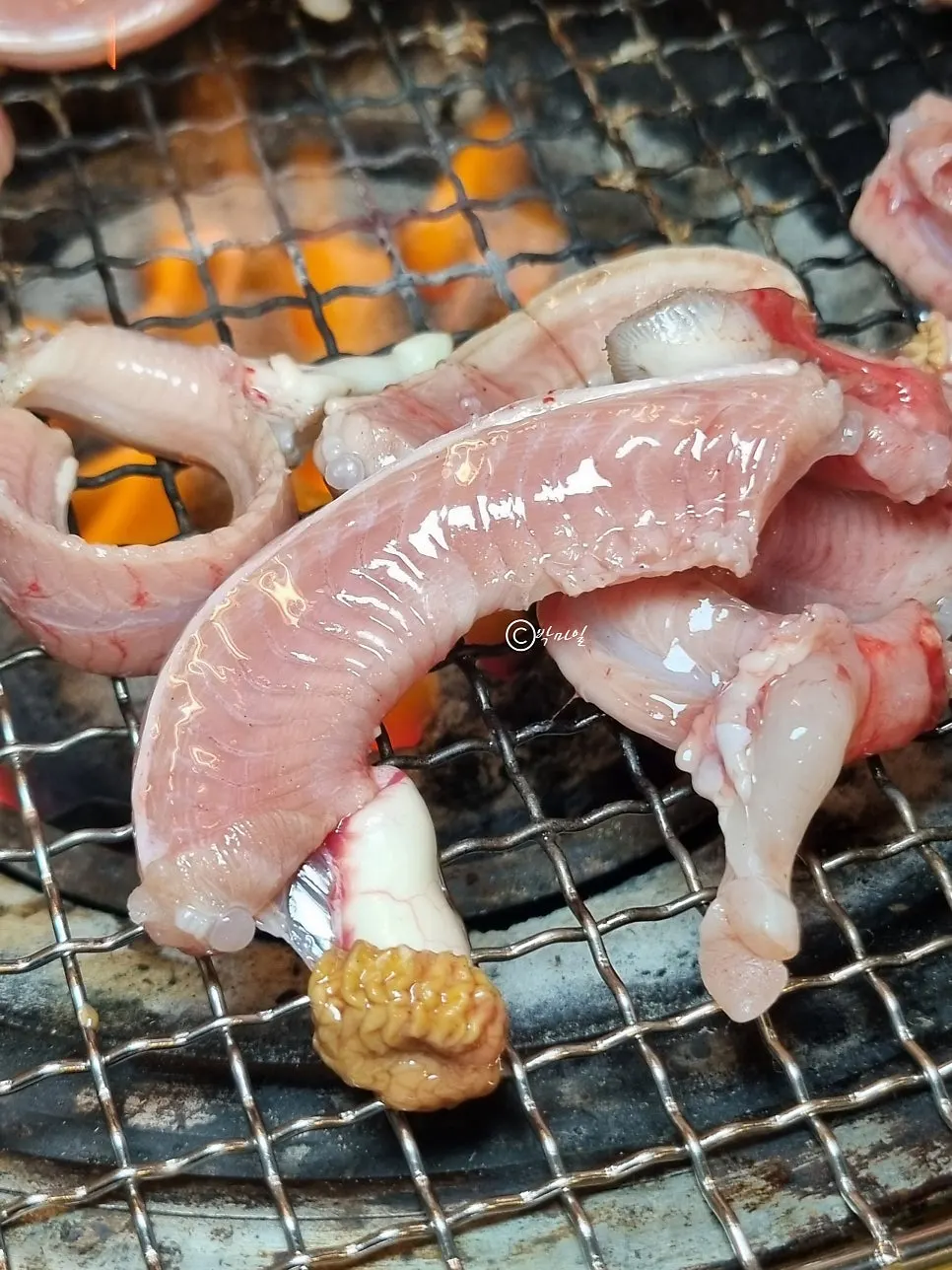 Staff member grilling the wild hagfish tableside