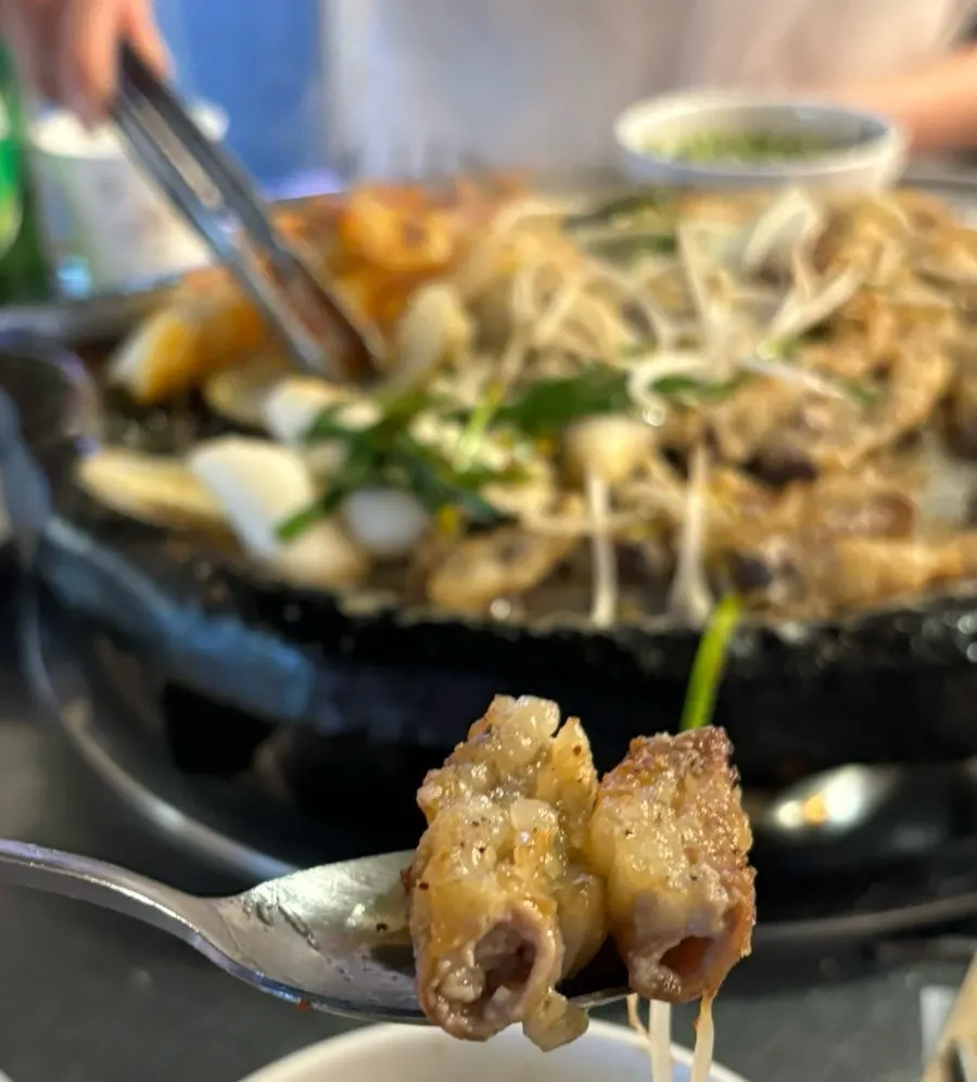 Cross-section of beef gopchang packed with fat