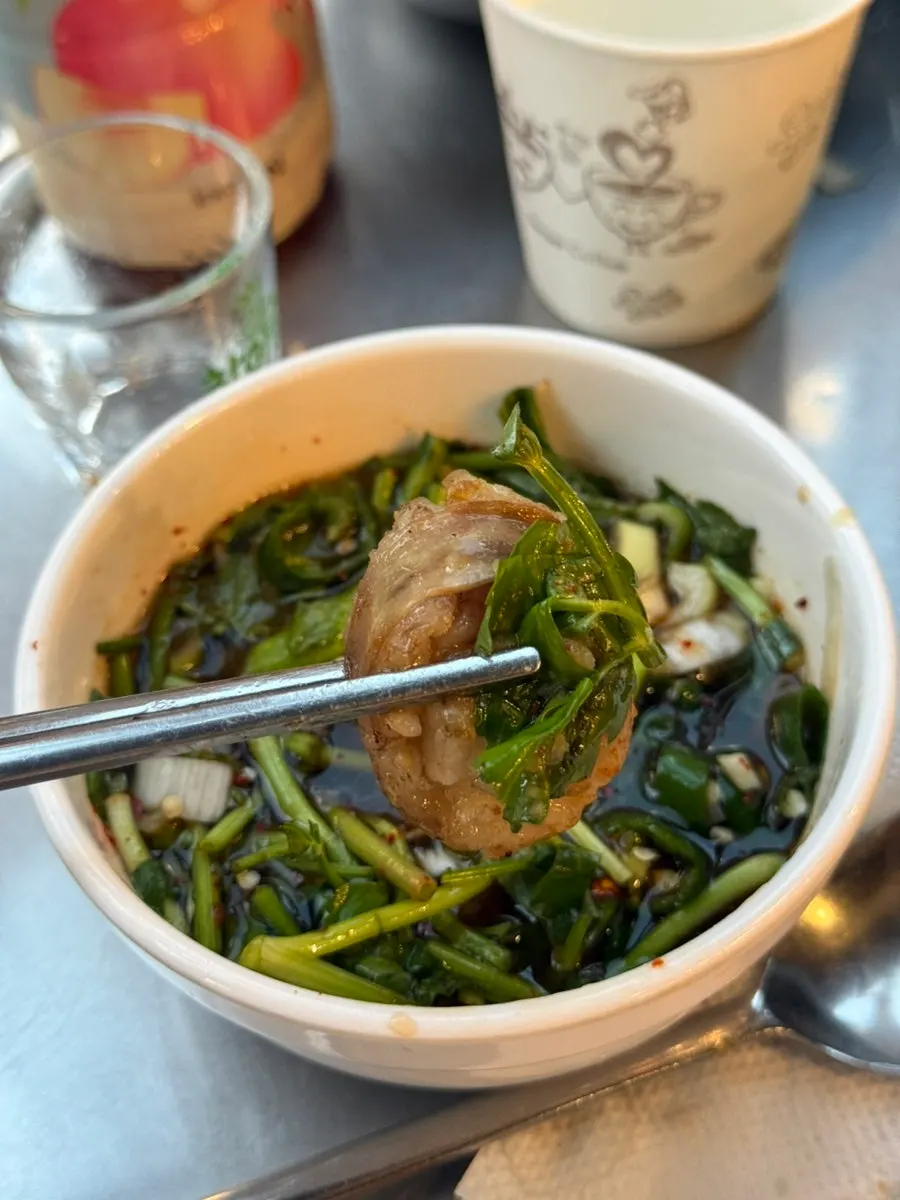 Cross-section of daechang, crispy outside and juicy inside
