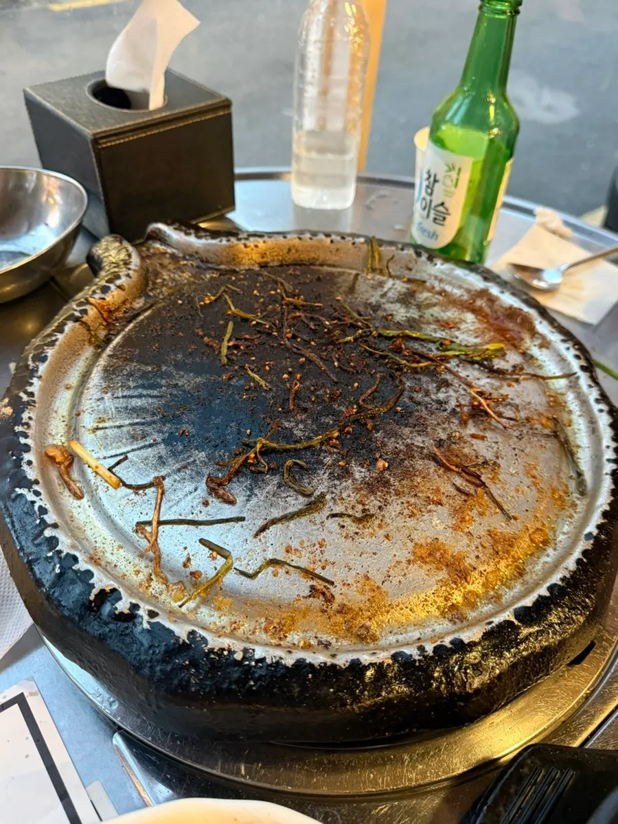 The emptied hot plate with leftover side dishes