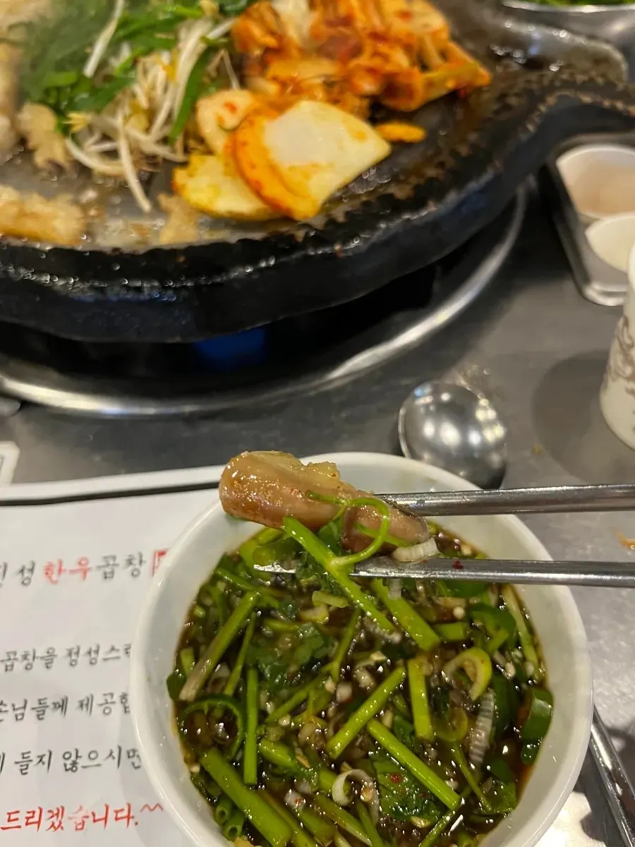 A grilled piece of hanwoo daechang