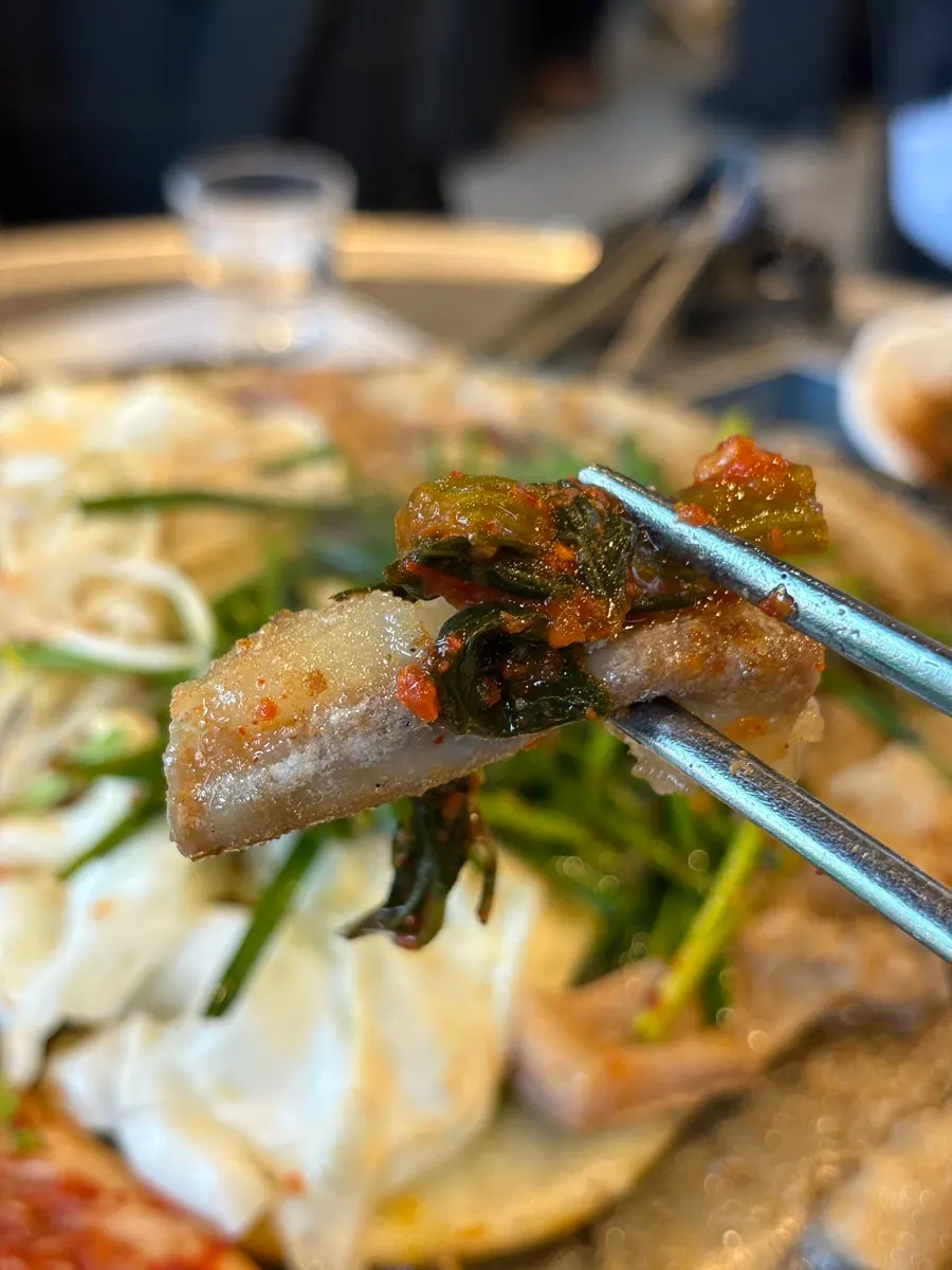 Close-up of beef gopchang dipped in sauce