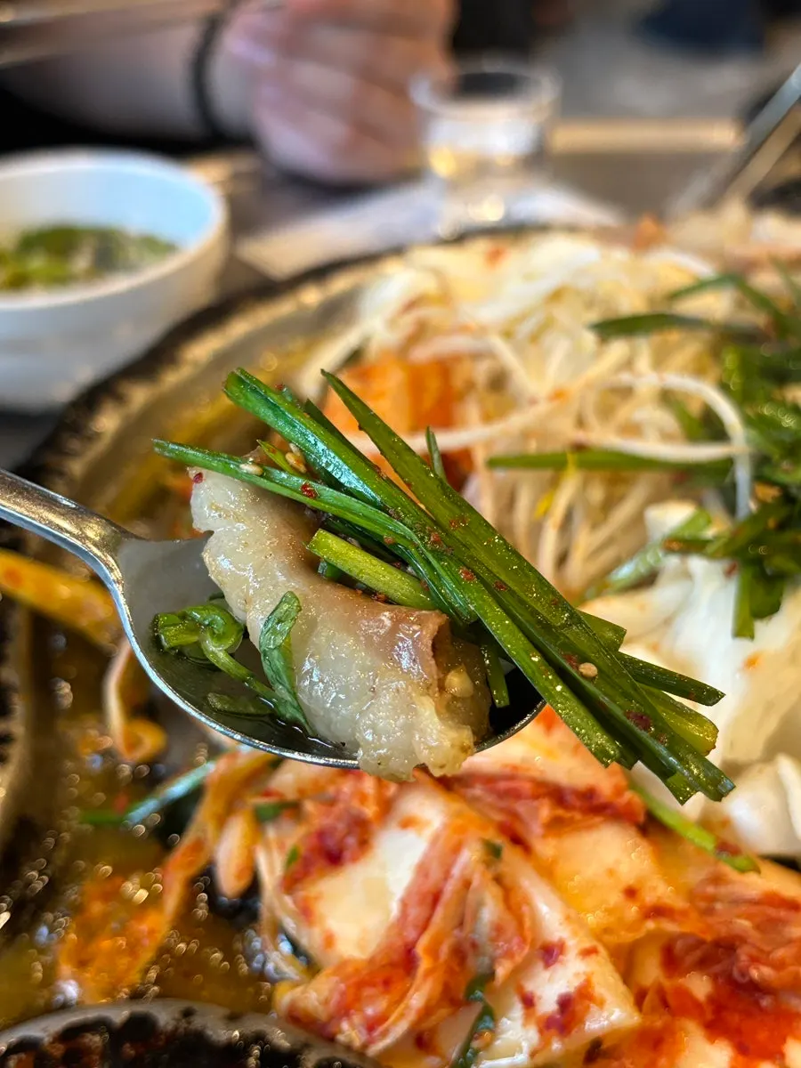 Beef gopchang combined with yeolmu kimchi
